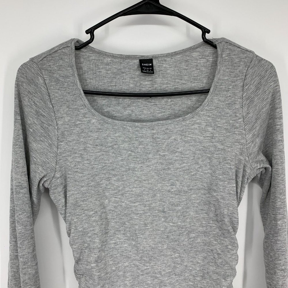 Shein Dress Gray Bodycon Mini Drawstring Side Long Sleeve - Picture 3 of 10